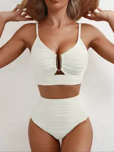 Women's Two-Piece Solid Color Sexy Metal Accents Bikini, High Waist Swimsuit for All Seasons, Perfect for Beach & Pool, High Waisted Bikini
