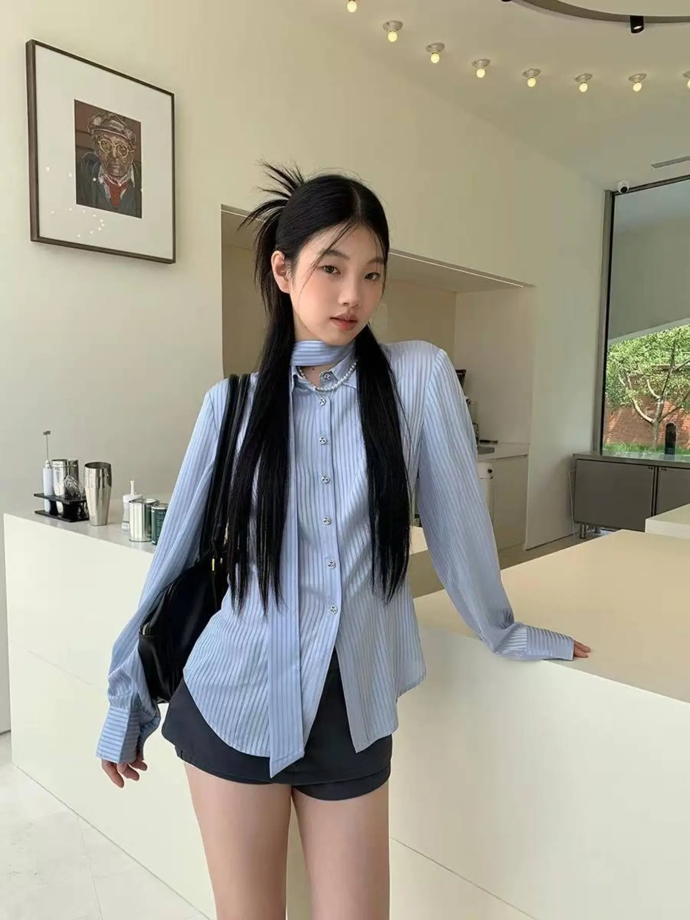 Women's Elegant Casual Solid Texture Striped Long Sleeve Fitted Buttoned Shirt Top Blouse, Four Seasons Wear, Stylish and Comfortable