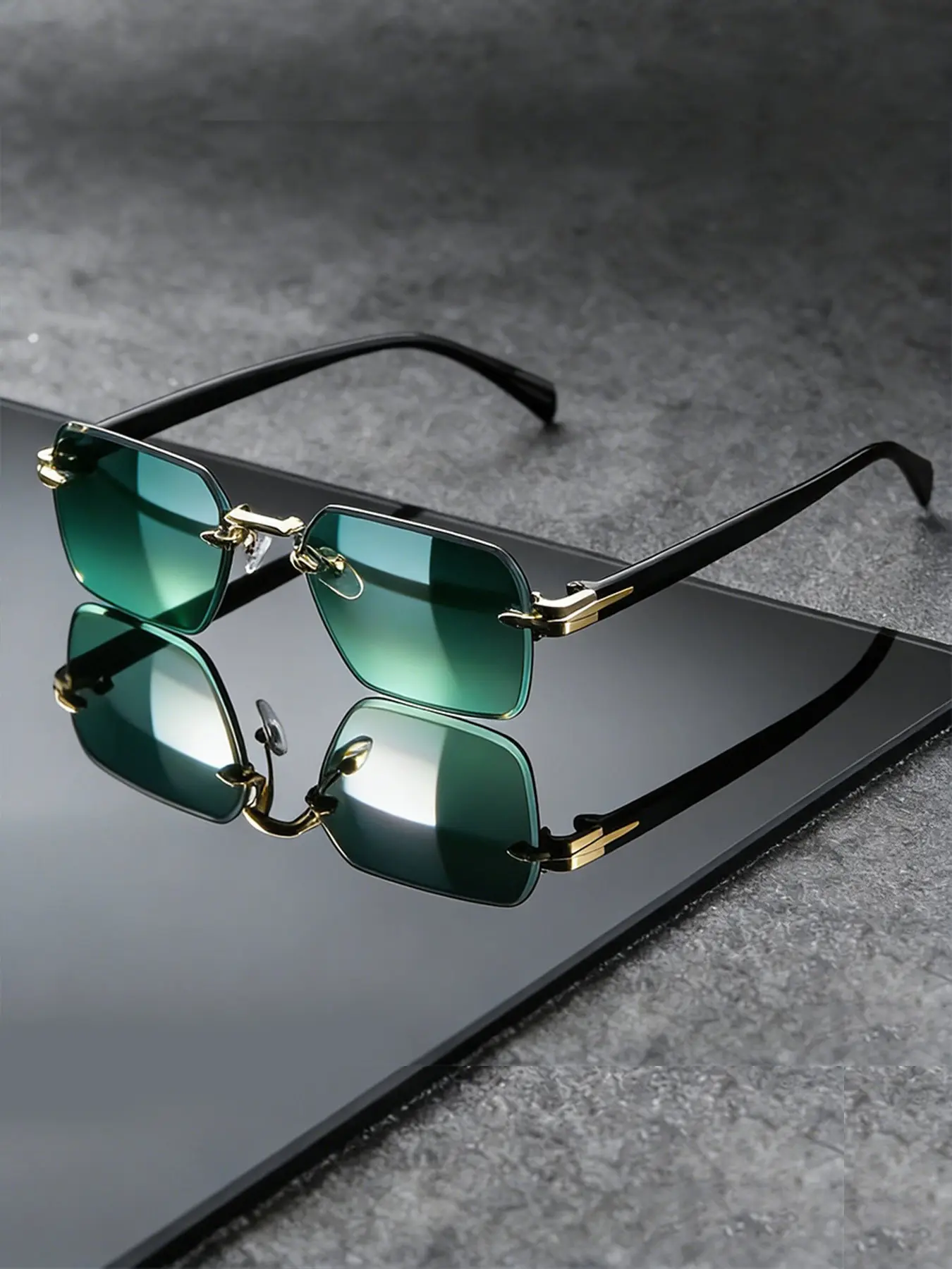 Wind Luxury Frameless Sunglasses, Men's Retro Small Square Metal Temple Shades, Women's Minimalist Street Style Sun Protection, Trendy Square Sunglasses, Square Rimless Sunglasses, Trendy Styling Sunglasses