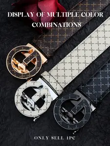 New Fashion Men's Leather Belt, Automatic High Quality Buckle Business Casual Waistband, Geometric Print Simple High-End Design, All Seasons Wear, Modern Buckle Belts