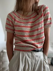 Elegant Women's Colorblock Striped Lace Short Sleeve Round Neck Pullover, Casual Home Wear, Daily Fashion Top, Comfortable and Stylish