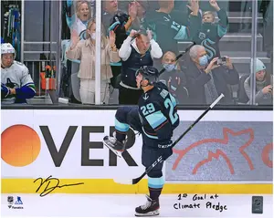 Vince Dunn Seattle Kraken Autographed 16" x 20" Navy Celebration Photograph with "1st Goal At Climate Pledge" Inscription - Fanatics Authentic Certified