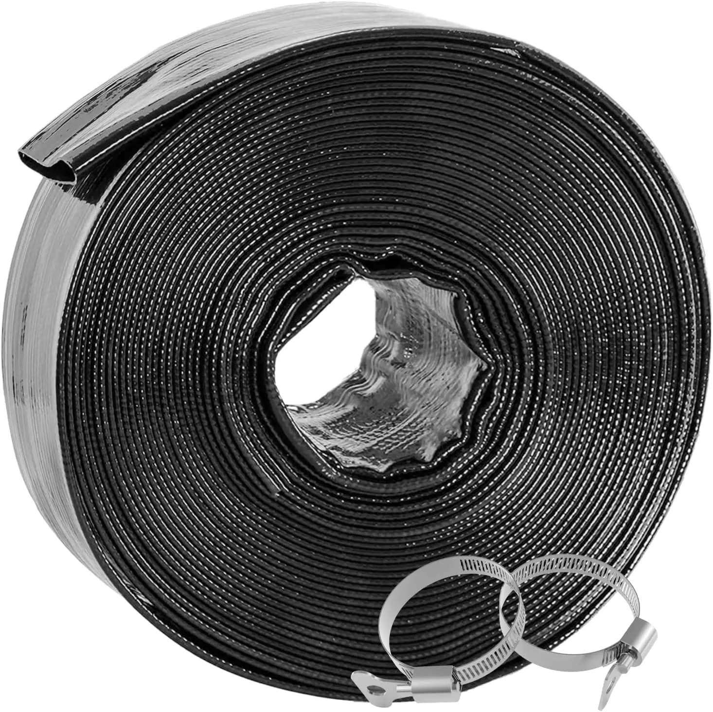 POOLWHALE 1-1/2" x 100 ft Heavy-Duty Lay-Flat Reinforced PVC Backwash Chlorine Pool Hose, Leak-Resistant Discharge Hose with 2 Stainless Steel Thumb Screw Clamps for Inground & Above-Ground Pool Filters, Chlorine Pool Hoses