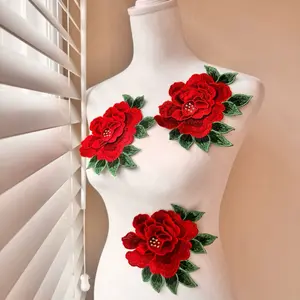 3D Red and Green Applique (1 Piece), Big Rose Glue on Patch Embroidered Flowers 6" x 5", Dance Costume, Ballet, Couture Gowns, Kids Dress