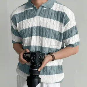 HYPESTFIT Men's Striped Casual Collar Short Sleeve SweaterRegular Fit Casual Lightweight Half Sleeve Pullover!for Summer, Fashion Men's Knitwear for Daily Wear