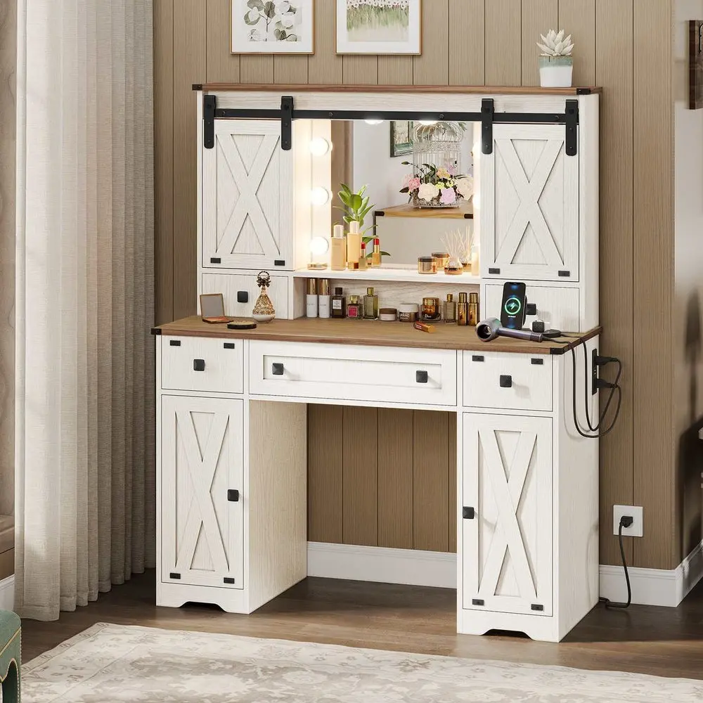 SIKAIC Farmhouse Makeup Vanity Desk with LED Mirror, White Vanity Table with Sliding Barn Doors, Charging Station and Storage Cabinet for Bedroom