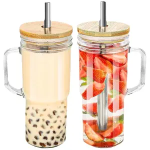 Glass Tea Cup with Bamboo Lid & Straw & Brush, 1 Count Clear Milkshake Juice Cup with Wooden Lid, Kitchenware Drinking Cup Serving for Home Office Outdoor Stylish Glass Cups