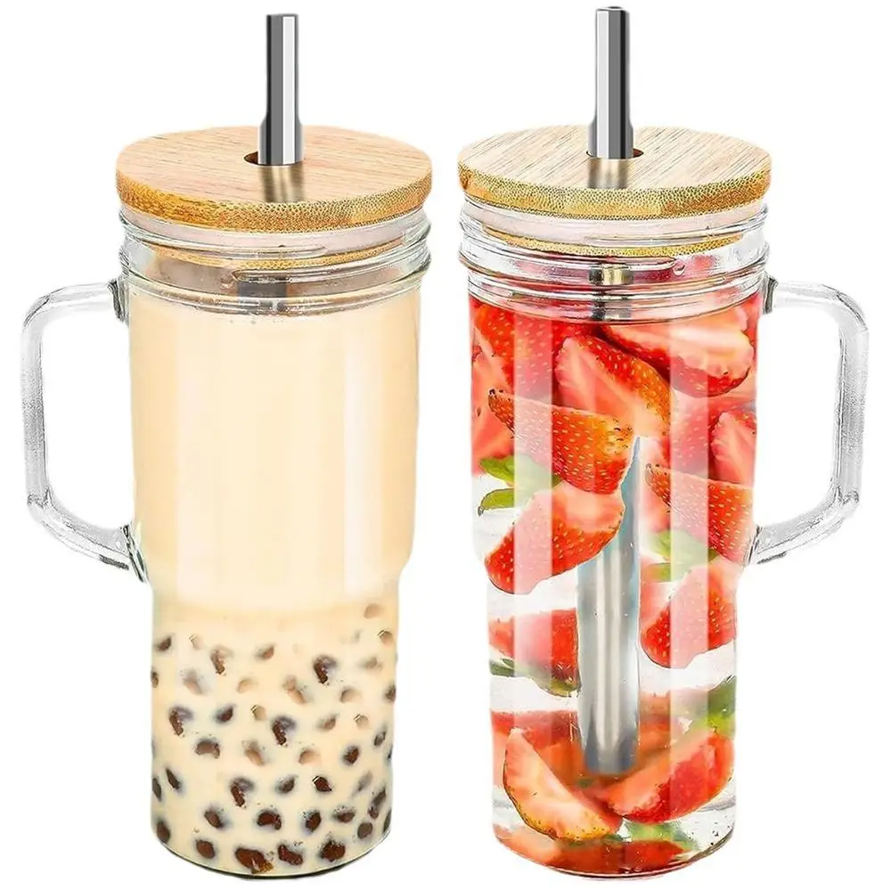 Glass Tea Cup with Bamboo Lid & Straw & Brush, 1 Count Clear Milkshake Juice Cup with Wooden Lid, Kitchenware Drinking Cup Serving for Home Office Out