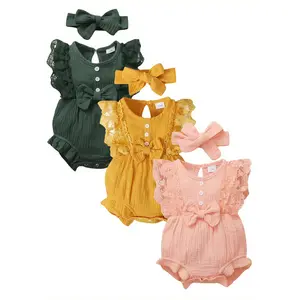 Ready Stock Baby Girls' Bodysuit - 3 Pack Lace Decorated Comfy Cotton Onesie Romper - 0-18 Months 42403004