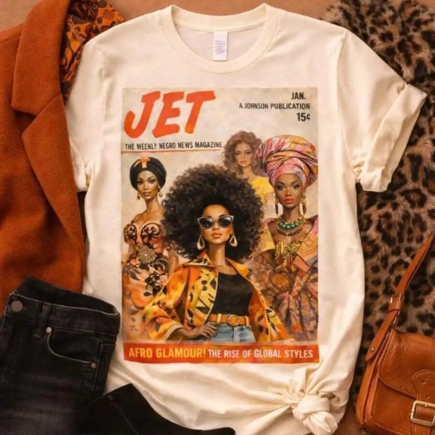 Afro Glamour Vintage Magazine Cotton T-shirt Womens Fashion Art Shirt Afrocentric Fall Graphic T-shirt R