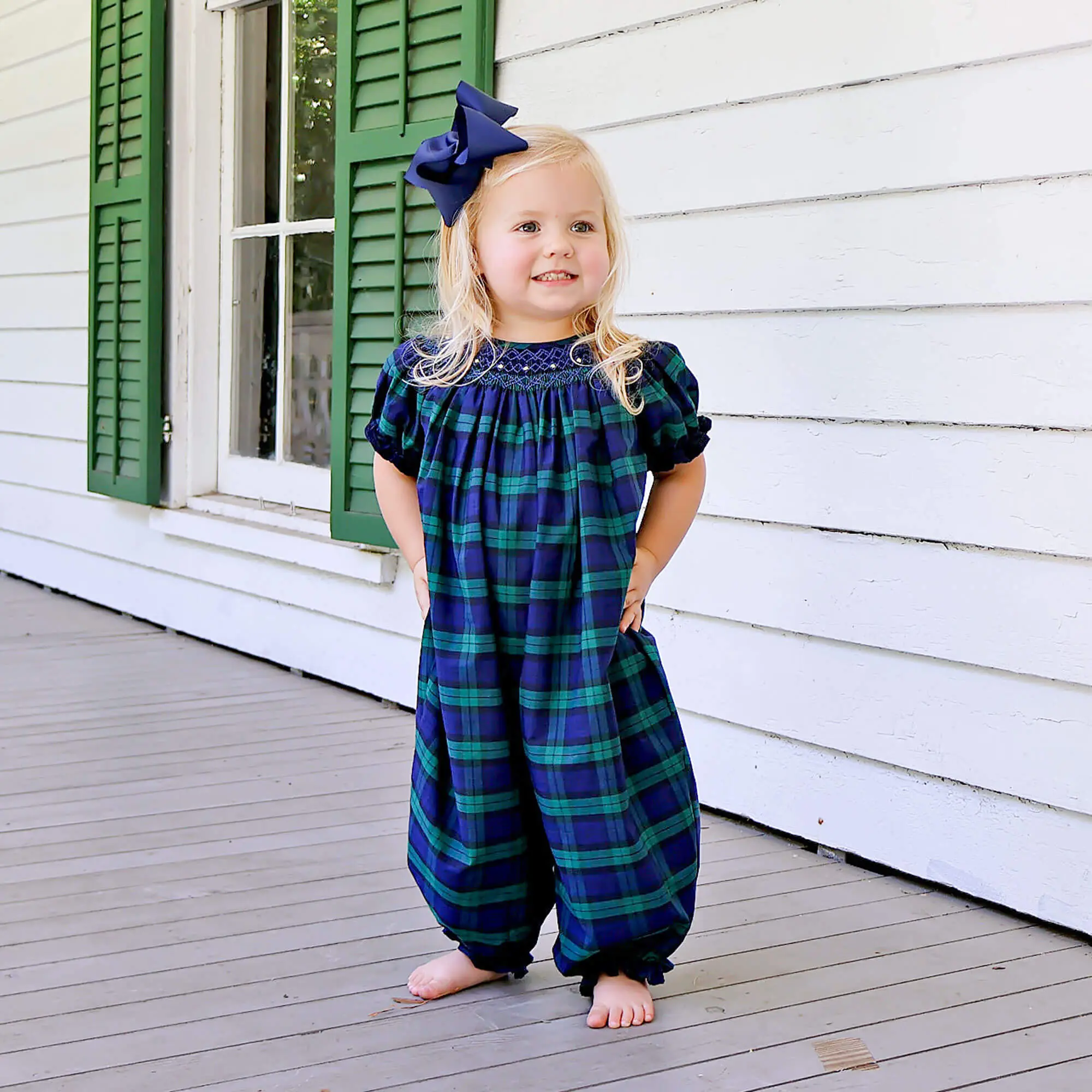 Hamilton Plaid Navy & Green Smocked Long Bubble - Girls Fall & Holiday Outfit