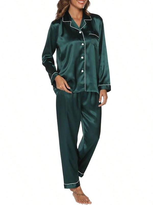 Silk Women Long Sleeve Button Down Sleepwear 2 Piece Loungewear Pjs Set Fall PjsHalloween Christmas New Year - Green