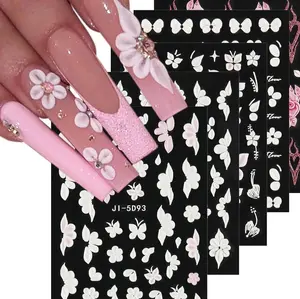 5D Embossed Bow Nail Stickers, 5 Sheets Self-Adhesive Pink White Ribbons Nail Decals, Valentines' Day Nail Art, Heart Nail Charms, Cute Cartoon Pop Art Stickers, Pegatinas para Uñas