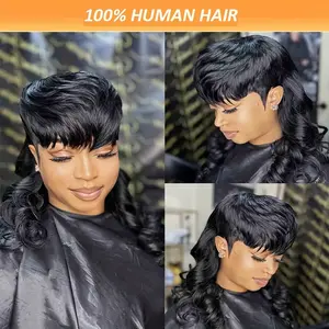 Wholesale 2025 NEW Chic Pixie 8-Inch Short Wolf Tail Fake Mullet Wigs with Bangs for Women, 180% Brazilian Human Hair, Mullet Head Wig, Loose Wave Style, Non Lace Rose Net Cap, Suit for Party Cosplay & Daily Wear & Halloween
