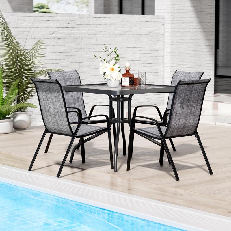 5 Piece Outdoor Patio Dining Set (Umbrella not Included), Porch Furniture with 4 Textline Chairs, 1 Square Glass Table for Garden, Backyard and Poolside, Lawn