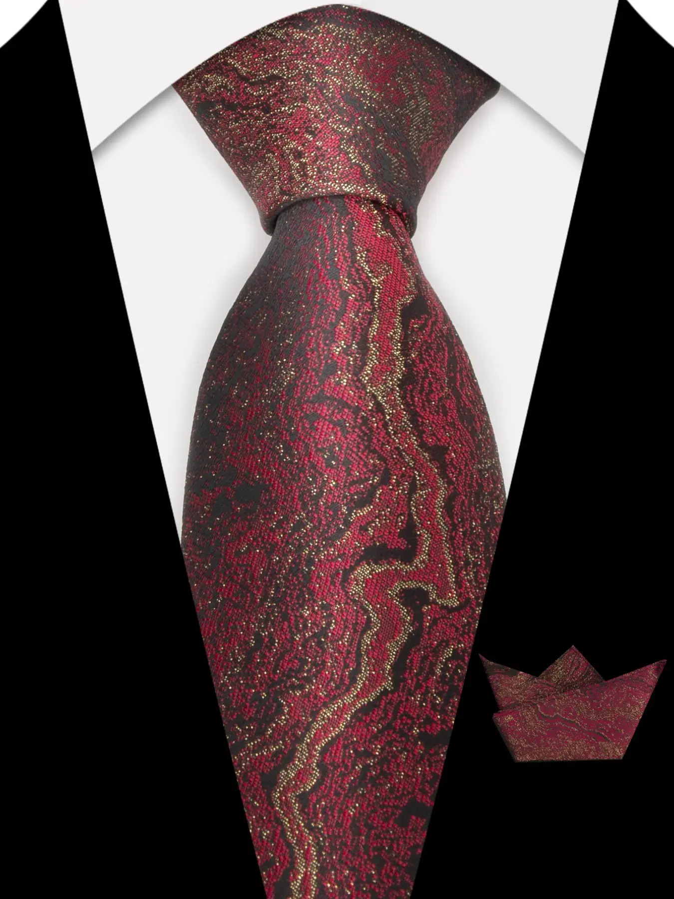 2pcs Wine Gold Marble Tie and Handkerchief Set, Men's Formal Wedding Business Accessories, Luxury Normal Width Tie