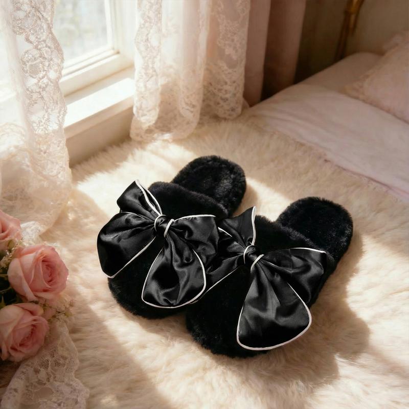 Classic Bow Accent Plush Slippers for Women | Soft Fuzzy Home Footwear | Cozy Gift for Her