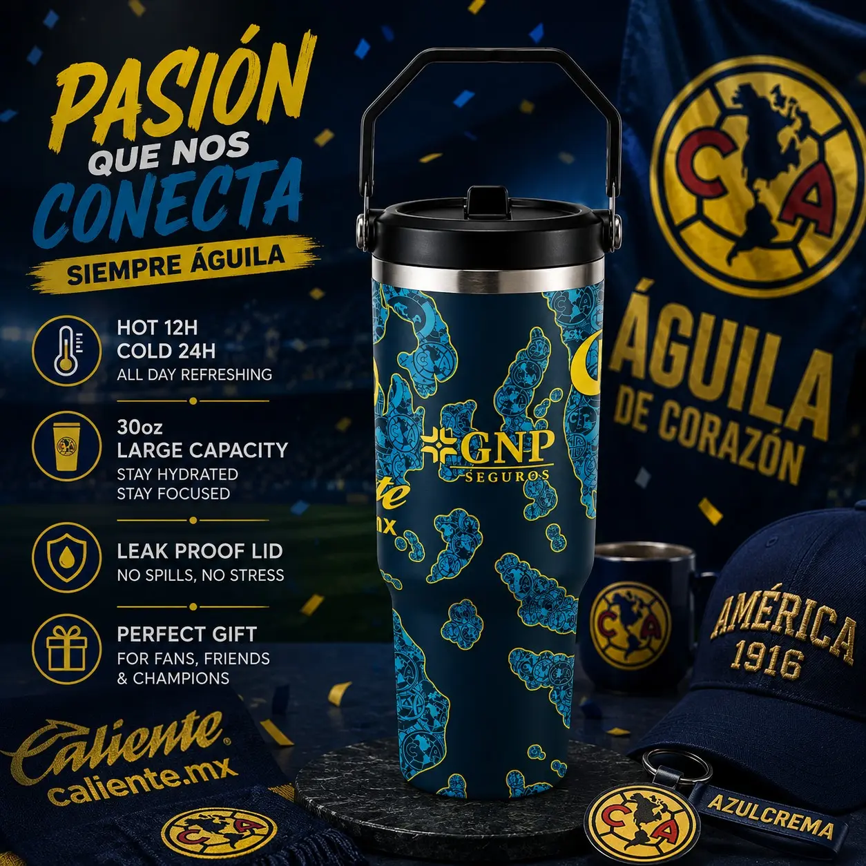 1 Pc 30oz Club America Blue Soccer Insulated Mug, Stainless Steel, Double Wall, Leak-Proof Lid, Hot Drinks Stay Warm 12H, Cold Drinks Stay Cold 24H, Perfect Fan Gift, Stylish & Durable, Ideal for Daily Use, Office, Gym, Travel, Outdoor Activit