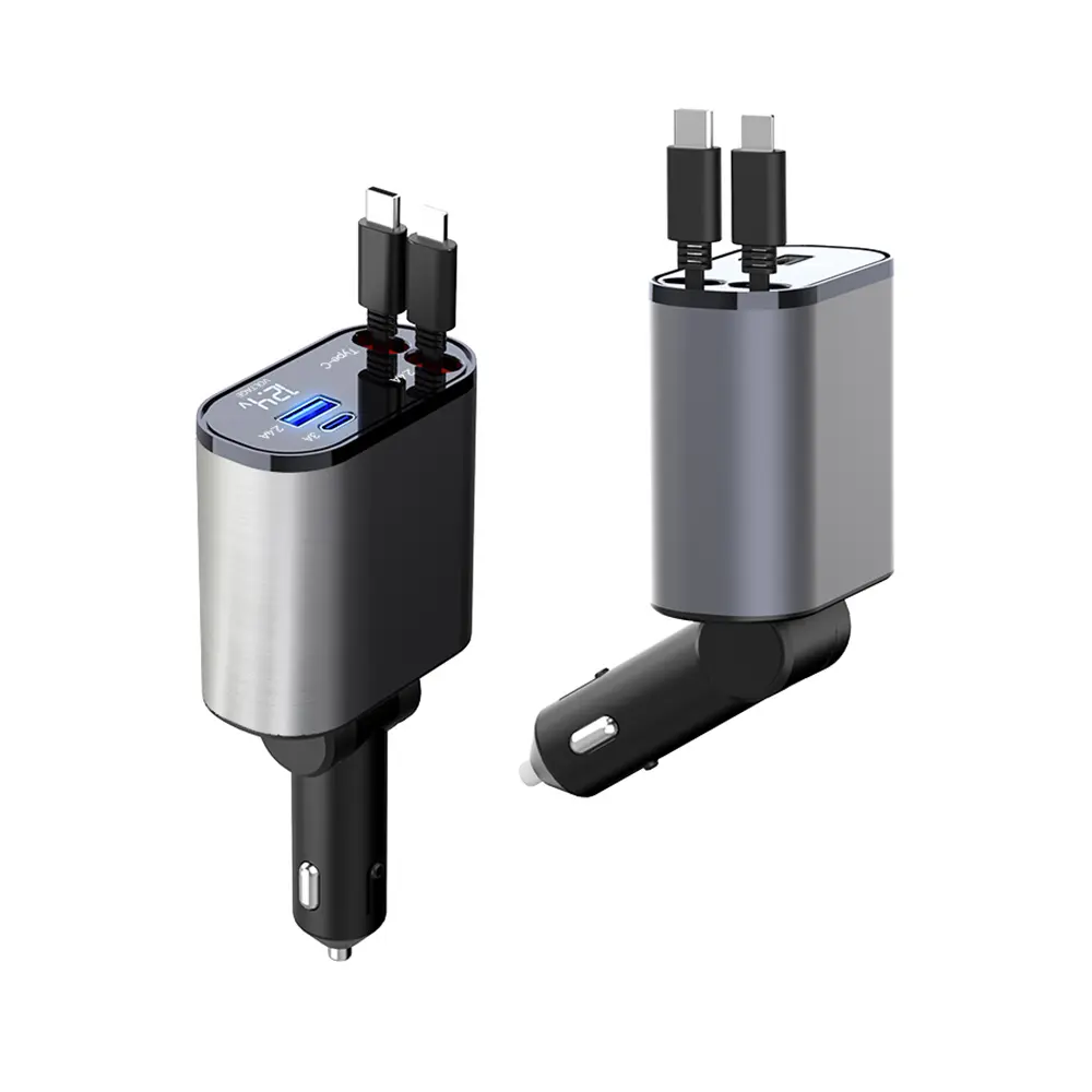 Retractable Car Charger,4 in 1 Fast USB C Car Charger 100W with Dual Retractable Cable Dual USB Ports,Voltage Display Car Charger Compatible with iPhone 15 Pro Max/14/13/12,Galaxy S23/ S22/S10