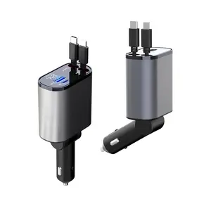 Retractable Car Charger,4 in 1 Fast USB C Car Charger 100W with Dual Retractable Cable Dual USB Ports,Voltage Display Car Charger Compatible with iPhone 15 Pro Max/14/13/12,Galaxy S23/ S22/S10
