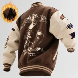 Men's Baseball Jacket Polyester Durable Warm Coffee Colorblock LS Angel Music Festival Graphic Varsity Coat Hip-Hop Vintage Retro Classic Old-School Casual Sports SWAG Streetwear Light Fleece-Lined Winter Jacket Trendy Gift for Boyfriend  Long Sleeve Tops