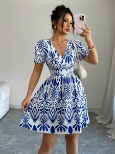 Women's Boho Style Summer Pleated Print Slim Fit Mini Dress, Fashionable and Comfortable, Perfect for Casual Wear and Special Occasions, Womenswear