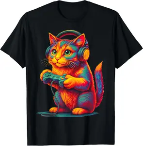 100% Cotton Gamer Cat Video Games Boys Men Girls Funny Gift Gaming T-Shirt