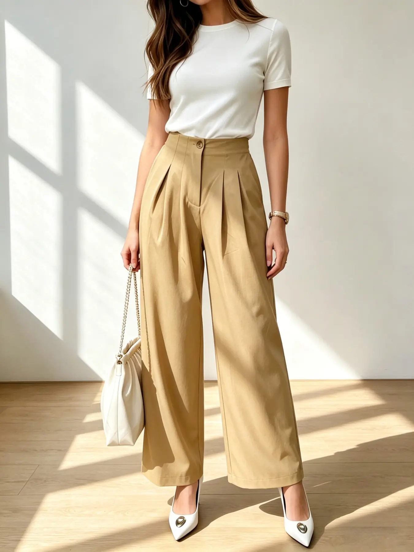 Office Chic Khaki High Waist Pleated Draped Wide Leg Dress Pants Effortless Minimalist Khaki High Waist Drapey Wide Leg Casual Trousers French Parisian Khaki High Waist Pleated Slimming Wide Leg Straight Trousers