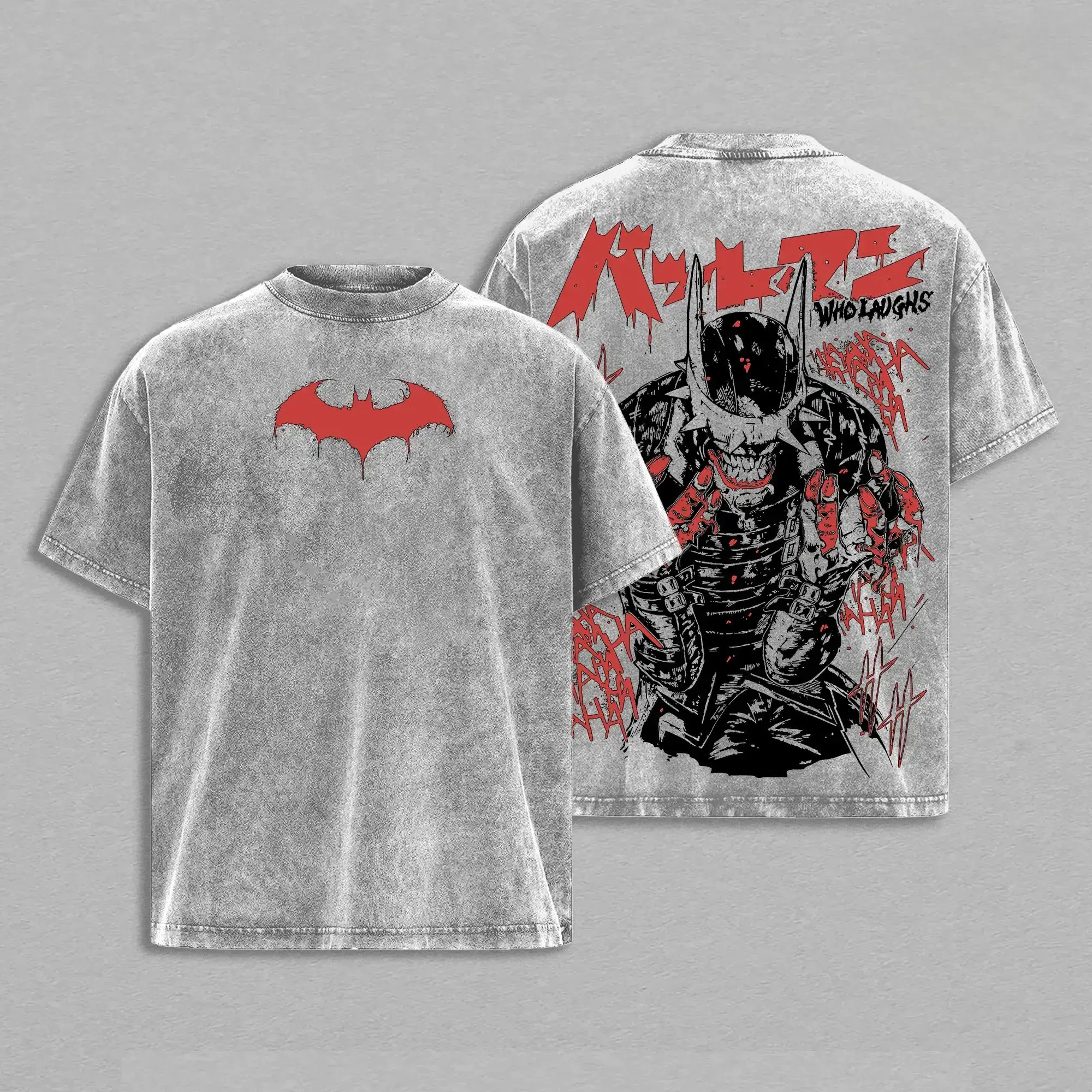 Men's Streetwear Graphic T-shirt, Retro Washed Cotton with Dual-Sided Dark Hero Print, Short Sleeve Round Neck Top, Shortsleeve, Casual