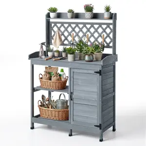 VEVOR Potting Bench Table, Outdoor Gardening Wooden Workstation with Storage Cabinet, Storage Shelves, 43x 18 in Wood Tabletop, Garden Planting Station for Patio, Backyard, Balcony, Gray