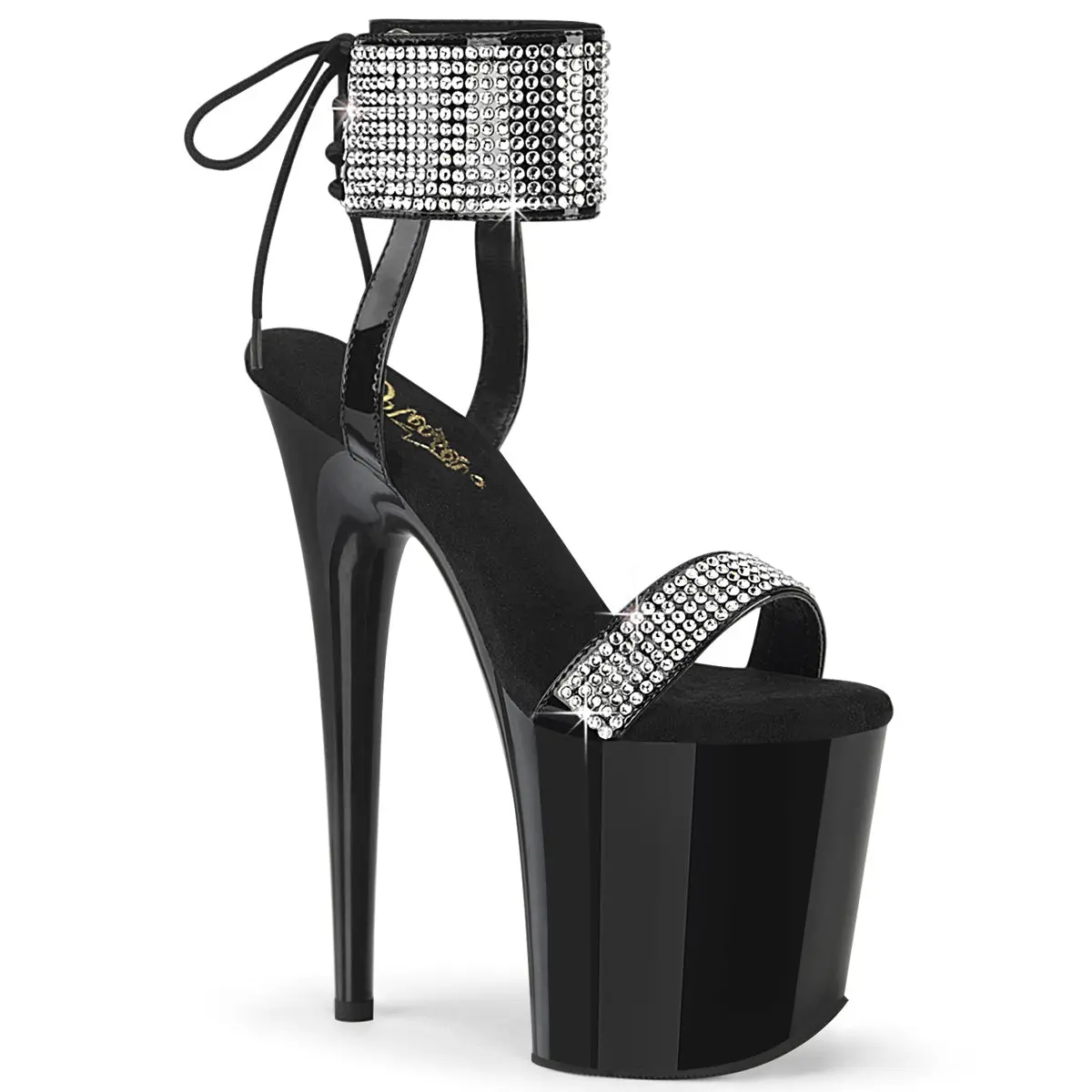 Pleaser Women's Flamingo-870 Black Rhinestone Platform Sandals, Classy 8" High Heels with Ankle Cuff and Back Tie, Fashionable Platform Sandals, Platform Heels