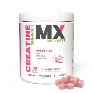 MX Wellness Creatine Longevity Gummies – 90 count (30 servings) Watermelon flavor with 5g creatine, L-Theanine, and Vitamins D3 + K2 to support muscle recovery, calm focus, strength, and healthy aging in one tasty daily stack.