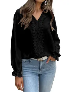 Women's Spring Autumn Lace Patchwork Long Sleeve Casual V Neck T-Shirt, Stylish and Comfortable, Perfect for Daily Wear