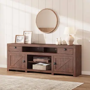 Long Farmhouse Media Console, Rustic Entertainment Center with 4 Storage Drawers and 3 Open Shelves, Sturdy TV Stand Designed for 75 to 80 Inch Televisions, Multi-Purpose Home Furniture for Living Room & Bedroom
