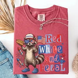 Comfort Colors Red White and Feral Shirt - Funny Patriotic Raccoon Tee - 4th of July T-Shirt - Independence Day Outfit - Memorial Day Gift - USA Graphic Tee