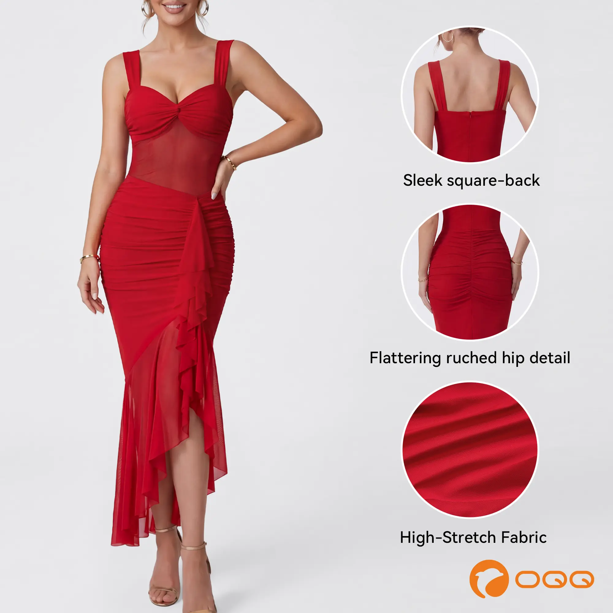 OQQ Women’s Romantic Ruched Mesh Splice Long Dress with Ruffle Detail Ruffle Hem Maxi Dress