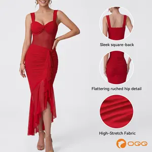 OQQ Women’s Romantic Ruched Mesh Splice Long Dress with Ruffle Detail Ruffle Hem Maxi Dress #SummerVibes