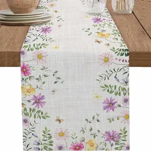 1pc,Rustic Farmhouse Table Runner, Linen Material, Country Style, Daisy Flower Design, Floral Design, Perfect for Dining Room, Living Room, Party Decor, Home Decor