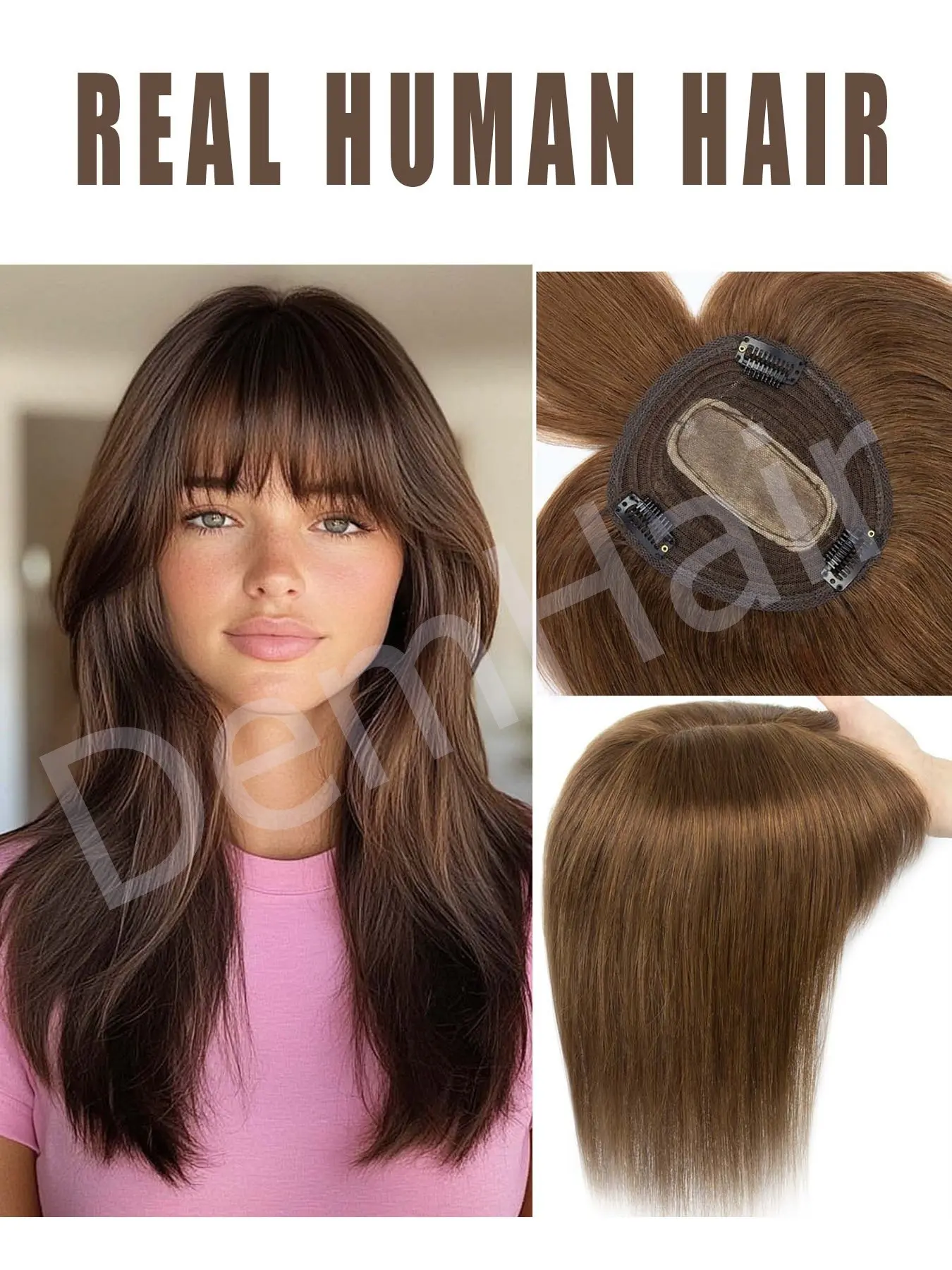 Hair Toppers for Women, Human Hair Extensions, Real Human Hair Clip in Bangs Wig With Bangs Natural Scalp Thinning or Loss Top HairPieces 3D Topper Base Cover Gray Roots Add Volume Brown, Realistic Hairpieces