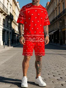 Men's Fashion Spring & Summer 3D Red Paisley Print Short Sleeve T-Shirt & Shorts Set, Street Trend Casual 2-Piece Outfit, Perfect Gift Choice