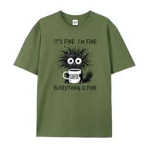Featuring a cartoon-style fluffy cat holding a coffee cup, this T-shirt showcases the slogan “It’s fine I’m fine Everything is fine.” Perfect for everyday outings, it offers a simple, laid-back style suitable for casual activities, family vacations, and t