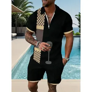 2-Pack European And American Men'S 3D Geometric Pattern Fashionable And Simple Two-Piece Suit - Short Sleeves And Shorts, Contrasting Geometric Pattern with Pocket Suit - Men'S Breathable Skin-Friendly Casual Sports Suit