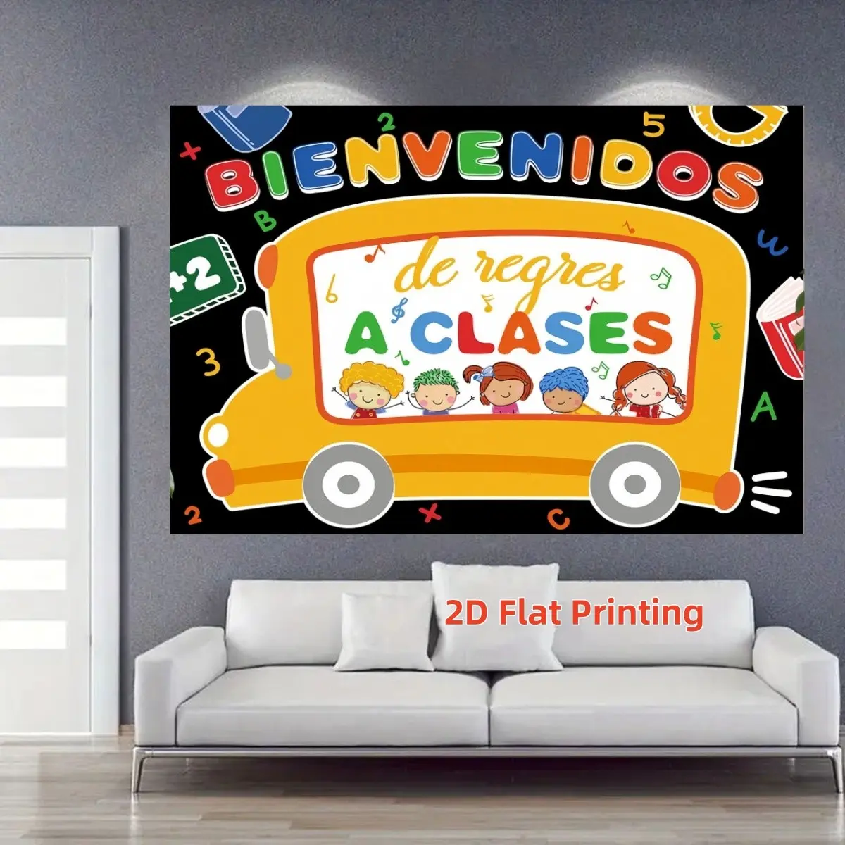 2D Flat 1pc Welcome Back to School Backdrop Banner, Cartoon School Bus Kids Photography Background, First Day of School Classroom Decor, Back to School Party Photo Booth Prop, Alphabet Number Stationery Themed, Multiple Sizes Available