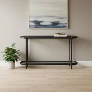 HomeRoots 668876 32.10 x 52 x 15 in. Black & Clear Glass Solid Wood & Steel Oval Console Table with Shelf, Modern Console Table, Living Room Tables