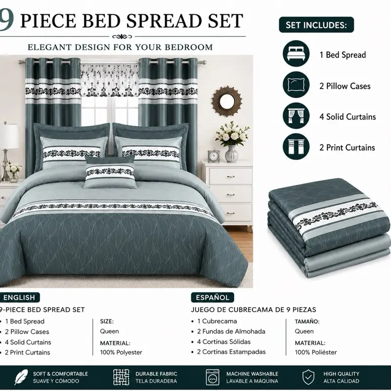 9-Piece Bedspread Set with Matching Curtains – Elegant Gray & Charcoal Design | King Size/  Juego de Cubrecama de 9 Piezas con Cortinas Incluidas – Diseño Elegante Gris y Carbón | King Size