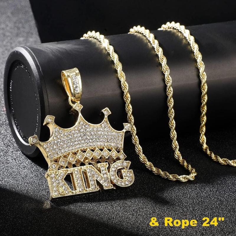 14k Gold Silver Plated Hip Ho Rapper Pendant Chain Necklace for Men-Iced Out Diamond King Pendant with 22 Inch Rope Tennis Chains