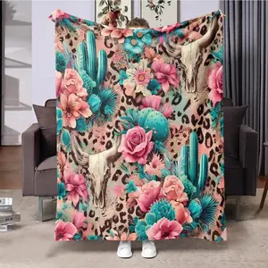 Floral & Cactus & Bull & Leopard Print Blanket, 1 Count Soft Warm Throw Blanket, Air-conditioned Room Blanket, Warm Nap Blanket for Home Office Travel Camping