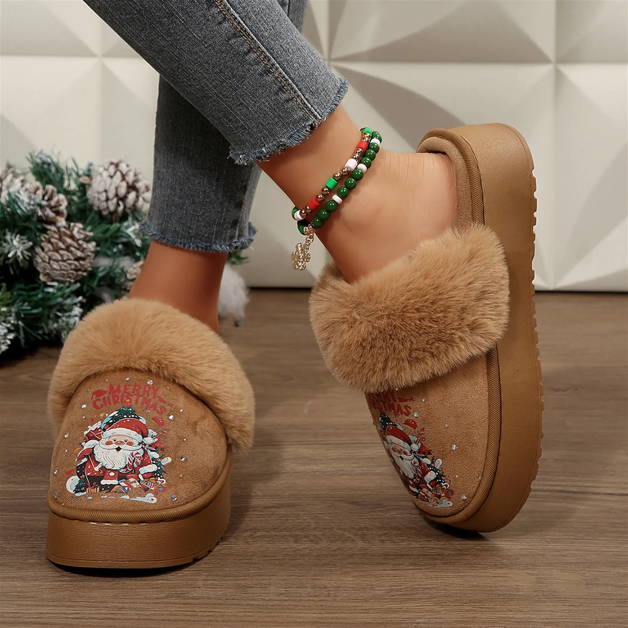 Women's Merry Christmas Printed Slippers with Plush Trim Comfortable Platform Slip-On Indoor Outdoor Shoes