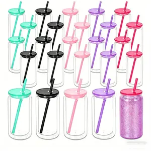 [ 4/6/8/25/50PCS ] 16 oz Plastic Snow Globe Tumbler, Pre-Drilled Double Wall Plastic Can Cold Drinks Snowglobe Cup with Lid and Straw for Snow Globe Glitter DIY Gift Bottle Mug Drinkware