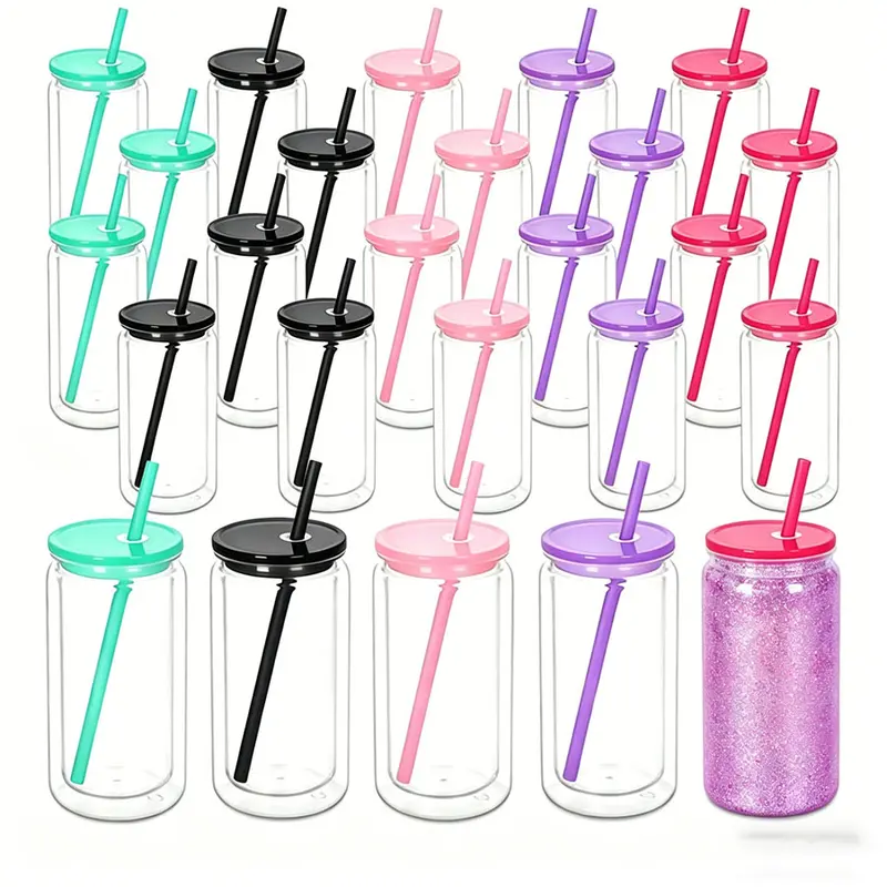 [4/6/8/25/50PCS Packs] 16oz BPA-Free Cylindrical Plastic Water Bottle - Double-Wall Acrylic, Pre-Drilled, Washable, Portable, Reusable Tumbler with Straw, Lid, Straw-Ready Sip, Glossy Cold Drink Cup for Craft Room DIY, Kitchenware (0-500ml Capacity)